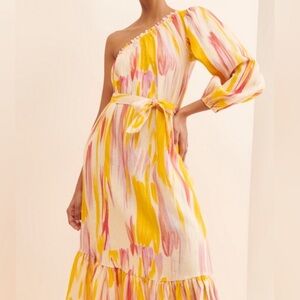 Little Lies Costa Rica One Shoulder Linen Pink Yellow Dress
